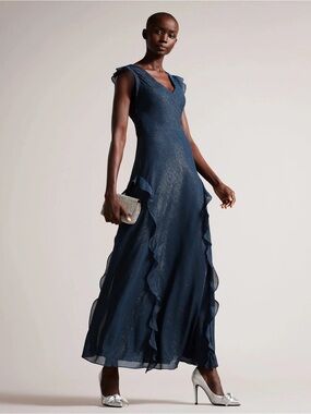 NWOT Ted Baker Laurae Bias Cut Ruffle Maxi Dress / Gown in Midnight Blue Shimmer